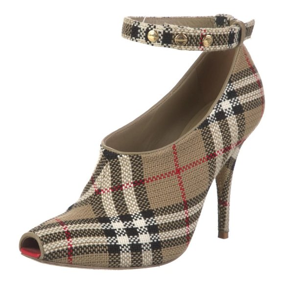 Burberry Shoes - BURBERRY CHECK PLAID CANVAS PEEP TOE ANKLE STRAP PUMPS